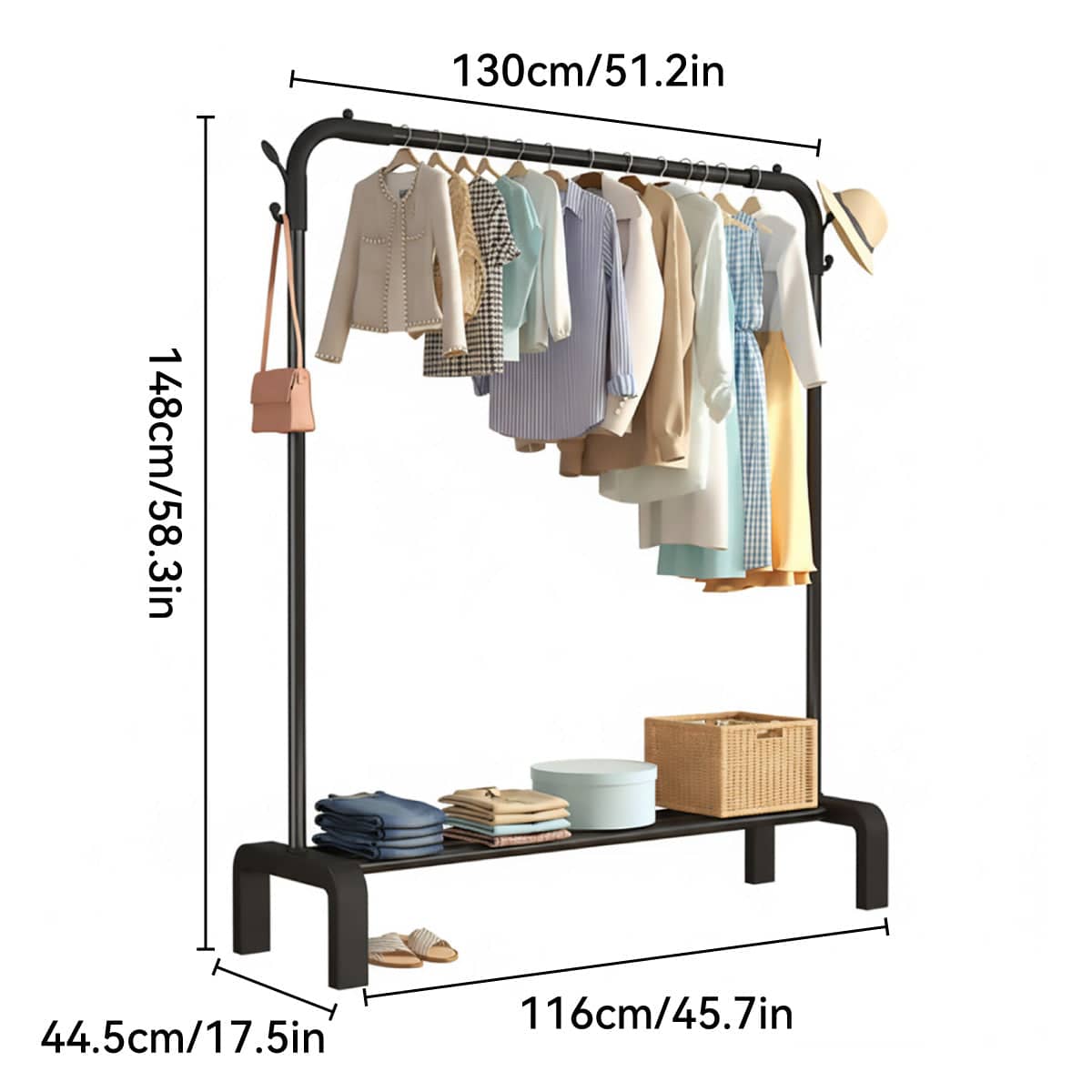 Clothes Rack for Bedroom and Laundry Room with Hanging Rod and Shelf - White - view 4