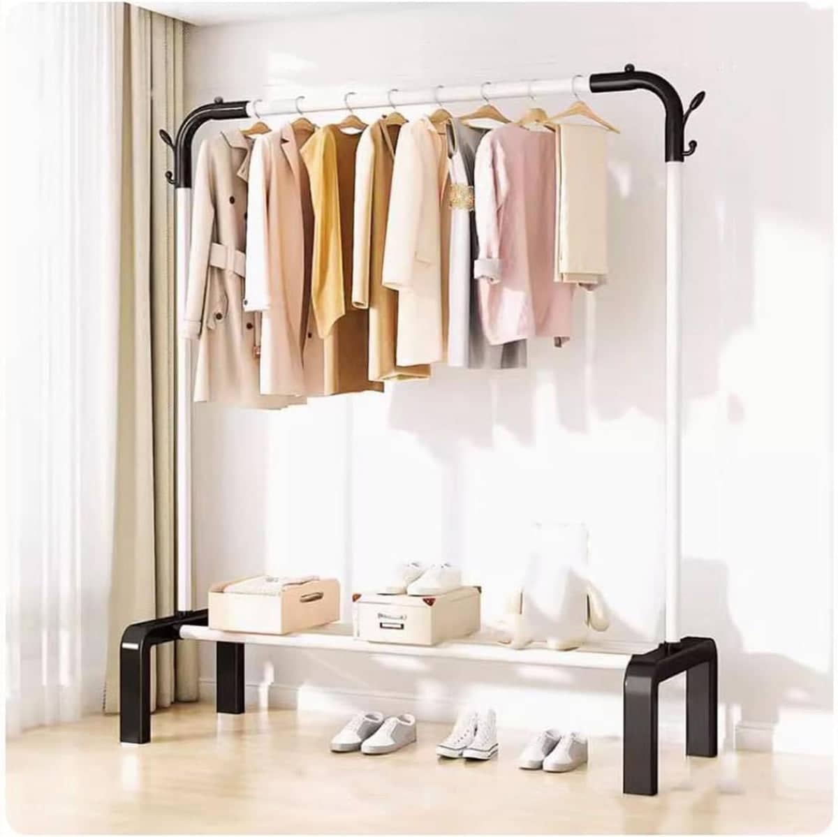 Clothes Rack for Bedroom and Laundry Room with Hanging Rod and Shelf - White - view 5