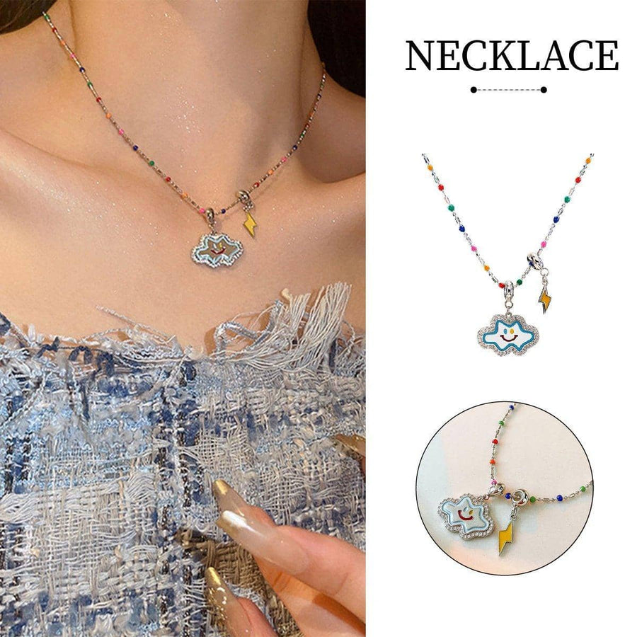 Cloud Pendant Necklace with Smiling Face and Multicoloured Beaded Chain