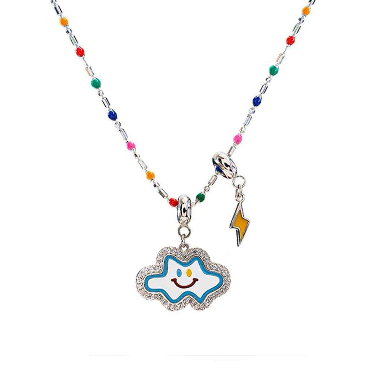Cloud Pendant Necklace with Smiling Face and Multicoloured Beaded Chain - view 2