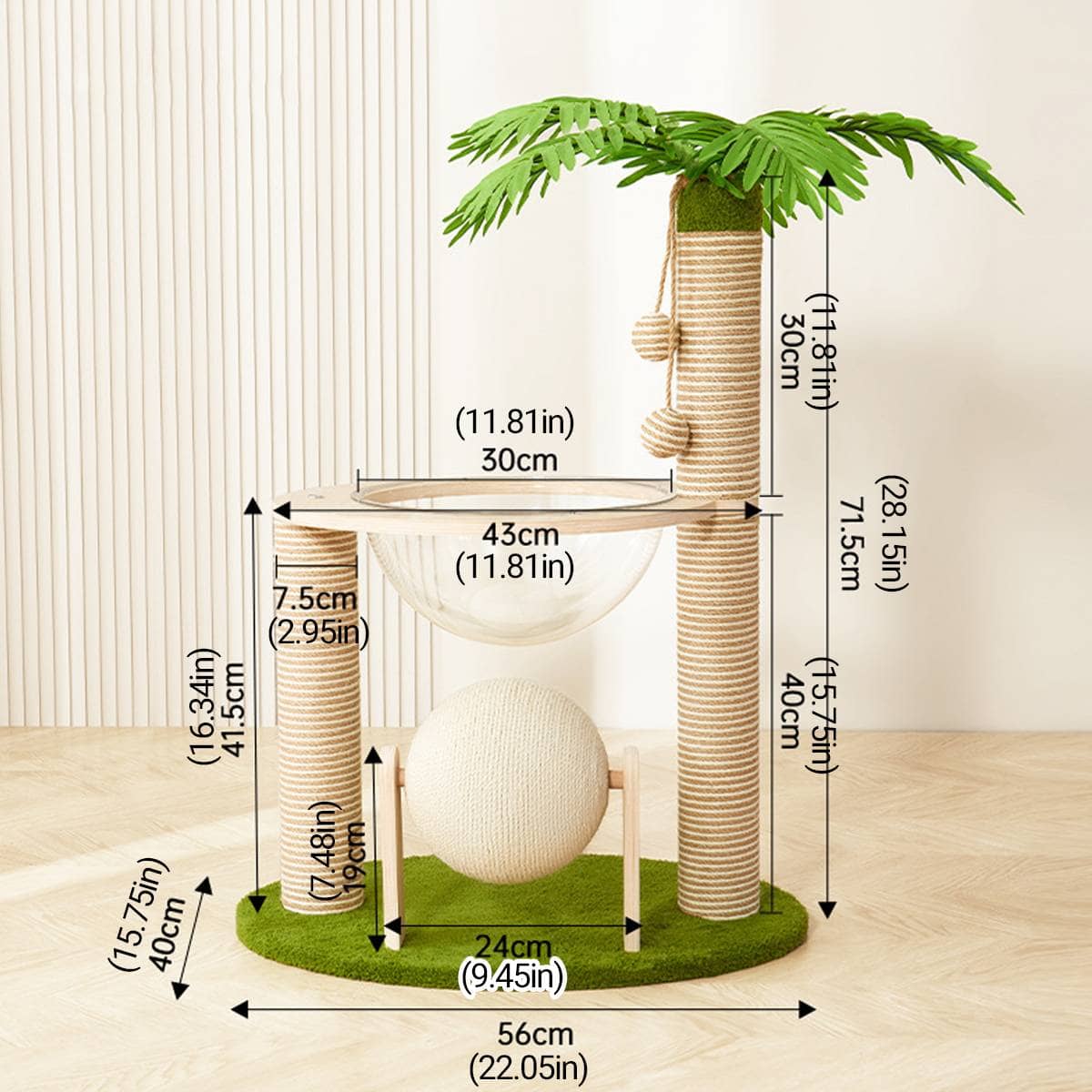 Coconut Palm Cat Tree with Capsule Bed, Sisal Scratching Posts and Ball - view 3
