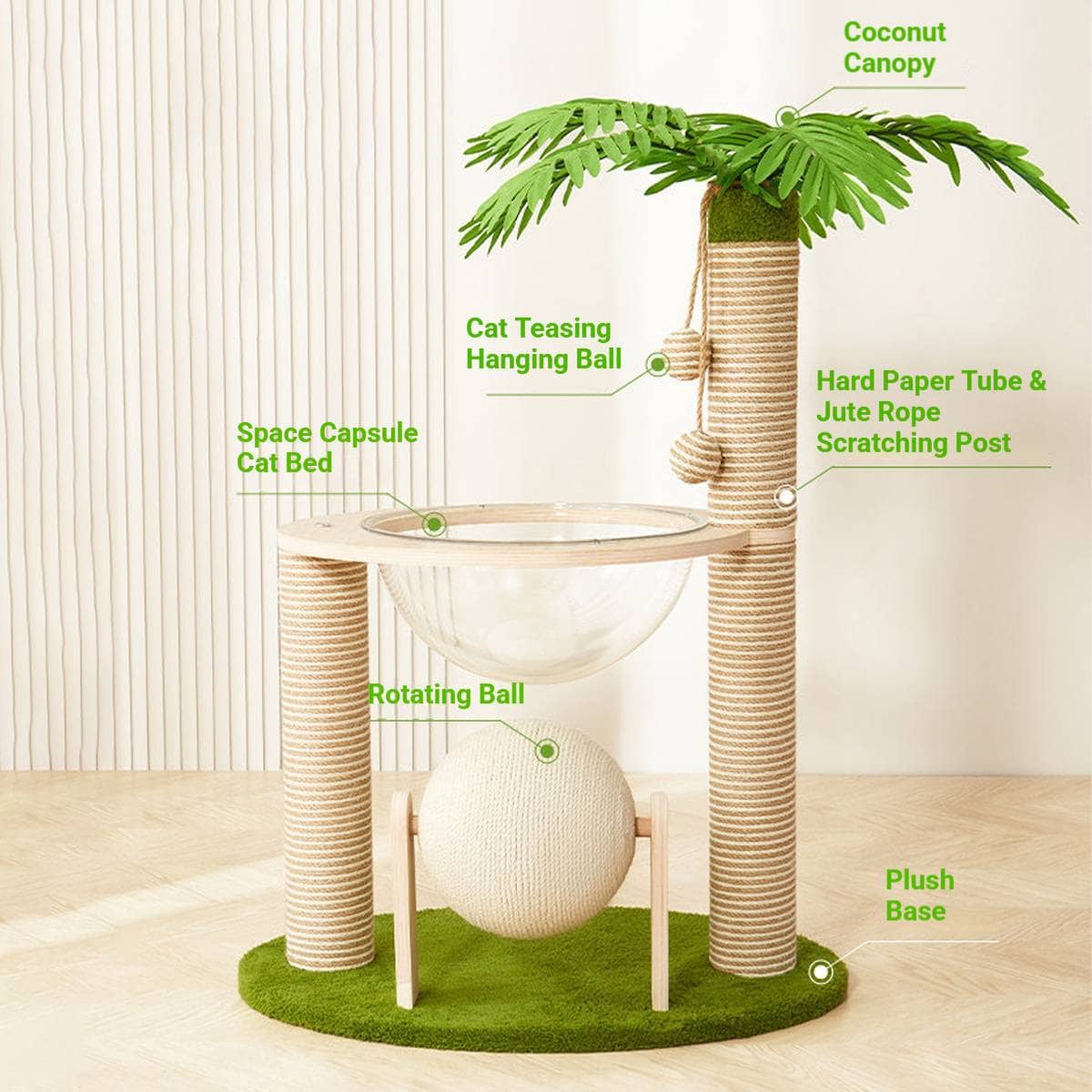 Coconut Palm Cat Tree with Capsule Bed, Sisal Scratching Posts and Ball - view 4
