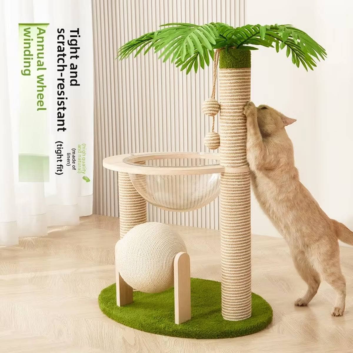 Coconut Palm Cat Tree with Capsule Bed, Sisal Scratching Posts and Ball - view 5