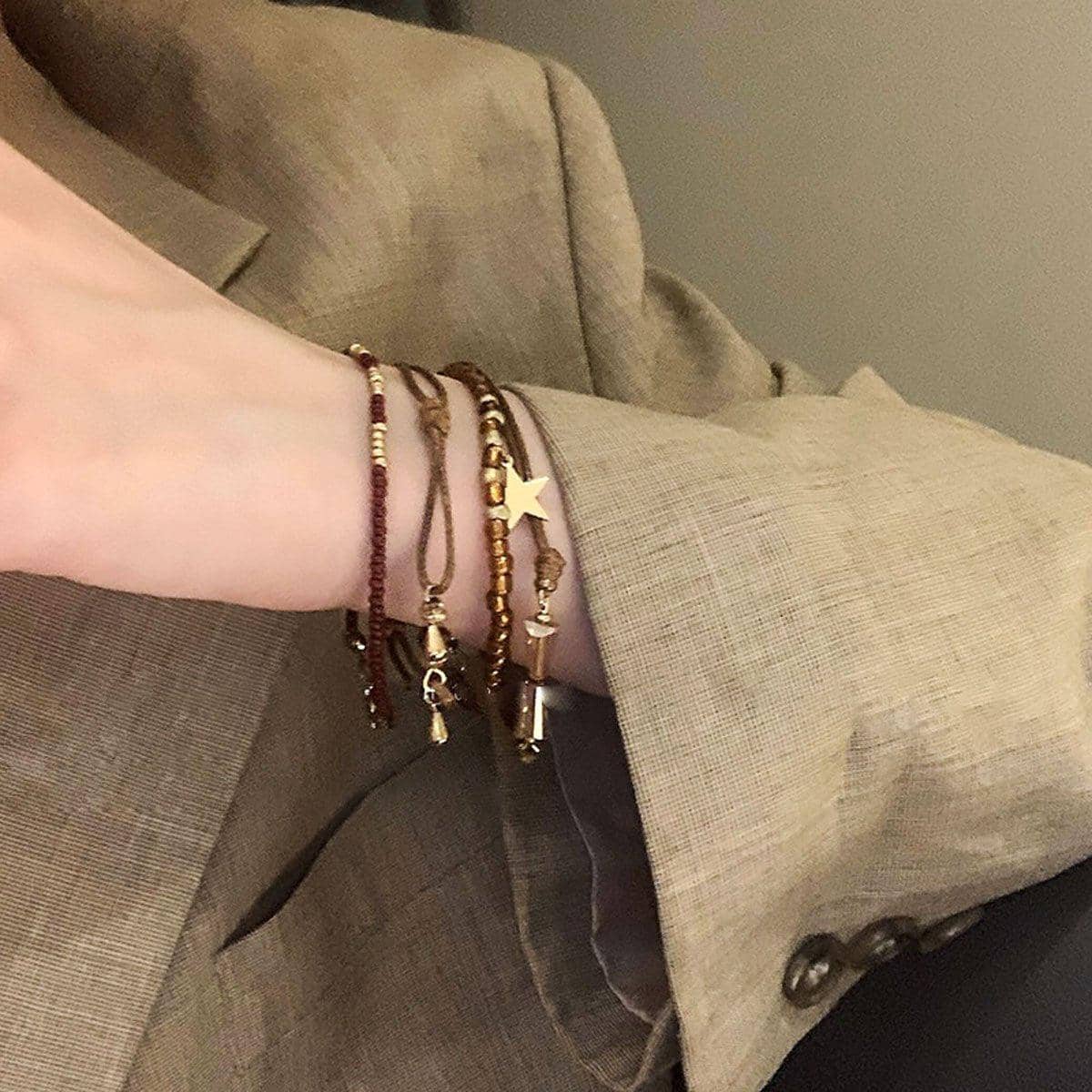 Coffee Brown Vintage Braided Rope Beaded Bracelet with Star Charm - view 5