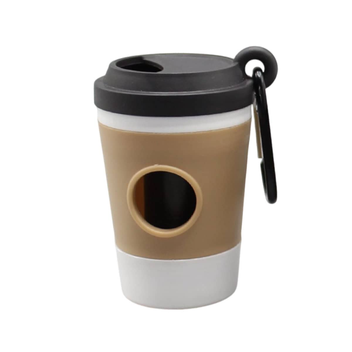 Coffee Cup Dog Poop Bag Dispenser with Carabiner Clip - Black Lid