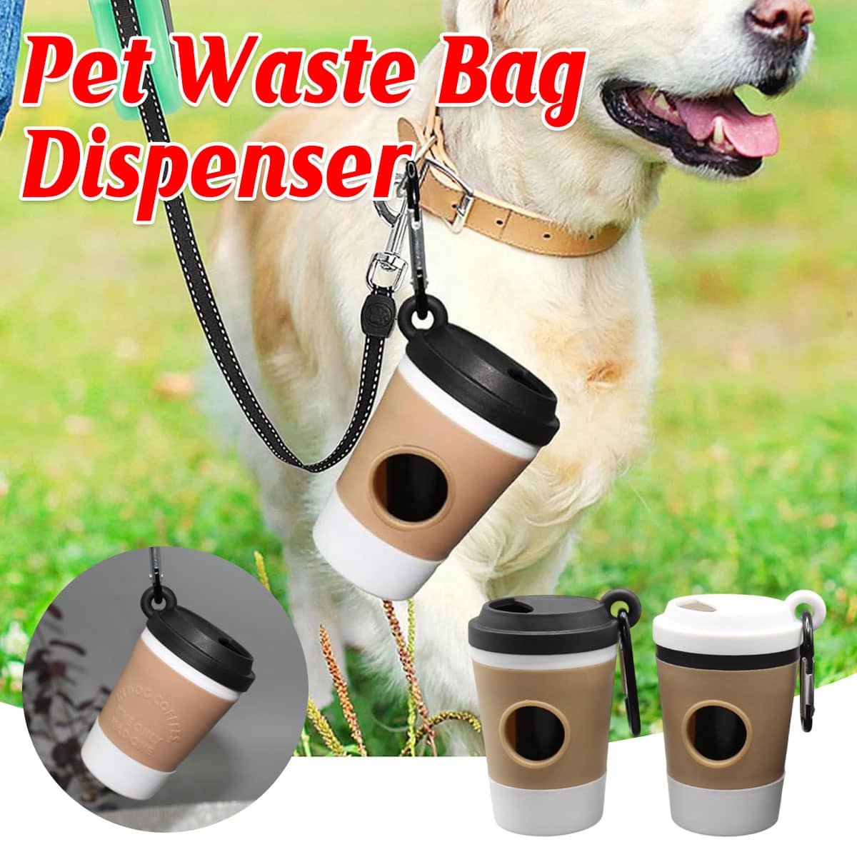 Coffee Cup Dog Poop Bag Dispenser with Carabiner Clip - Black Lid - view 2