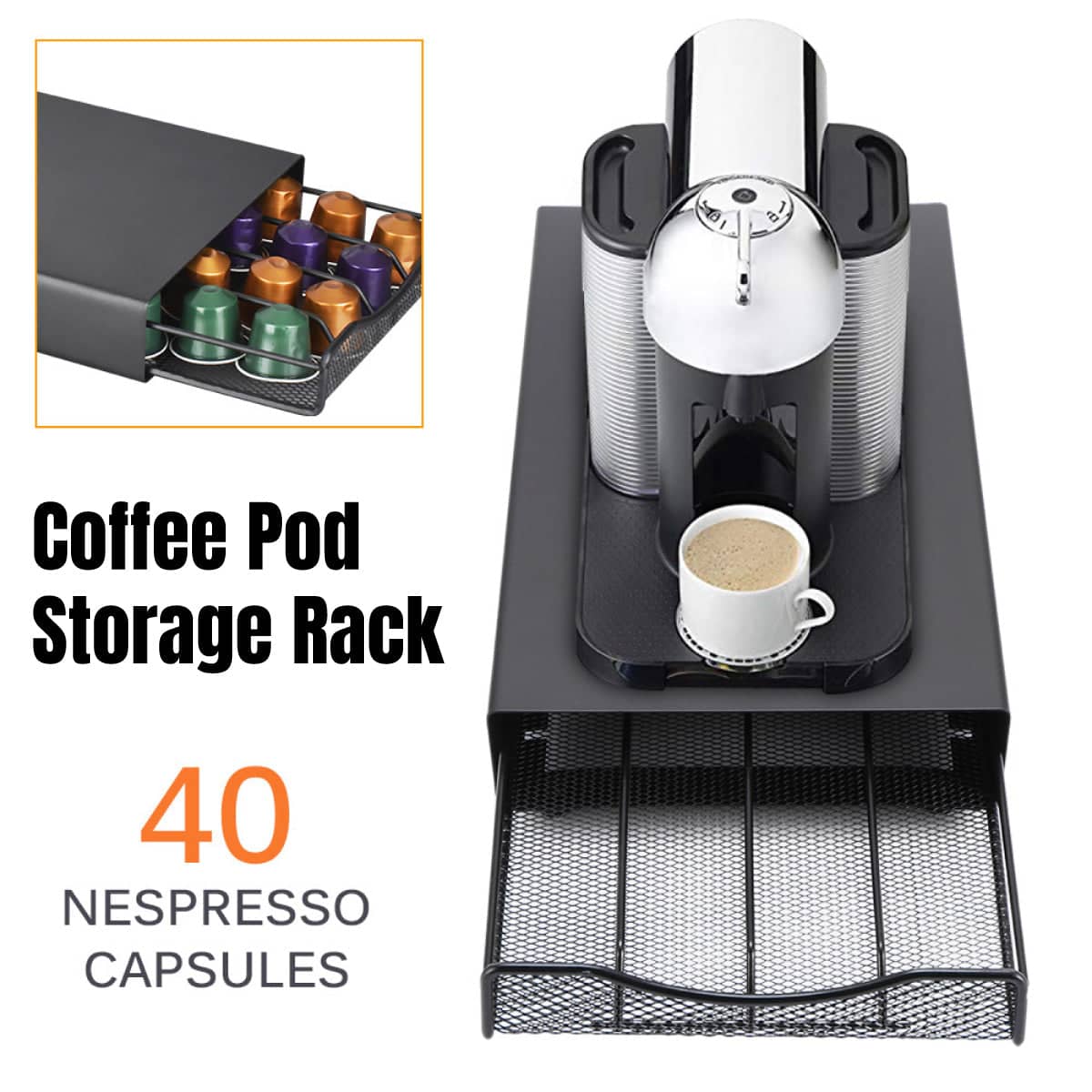 Coffee Pod Storage Rack with Drawer, 40 Pod Capacity, Black