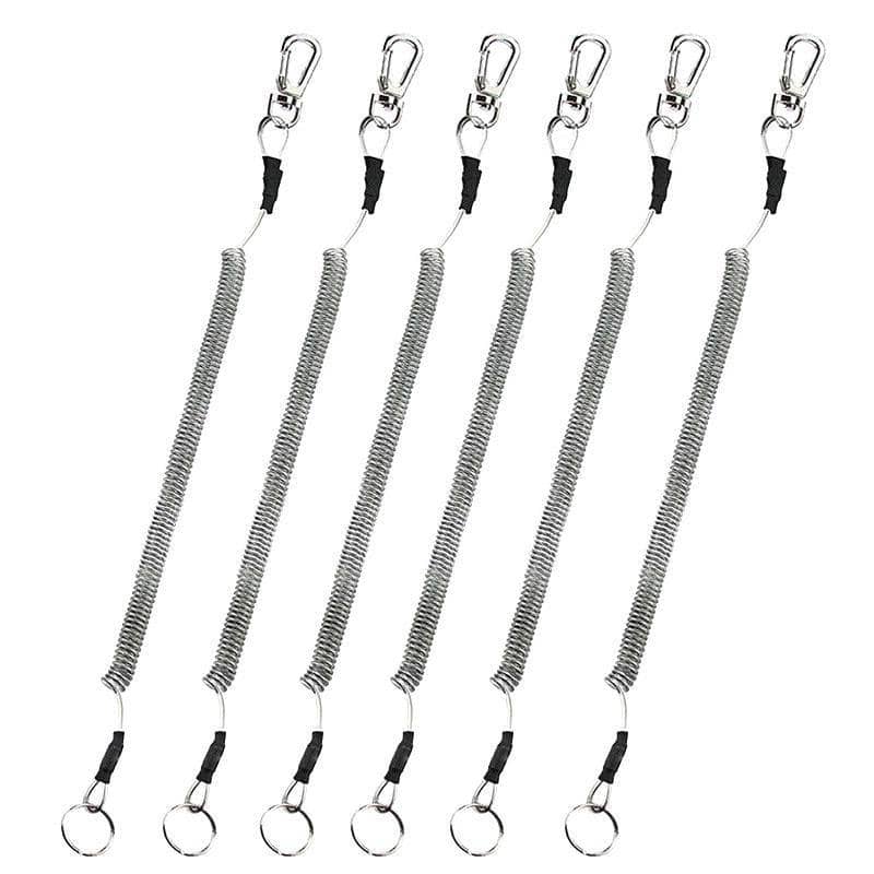 Coiled Fishing Tool Lanyards with Lobster Clip - Grey, Pack of 6