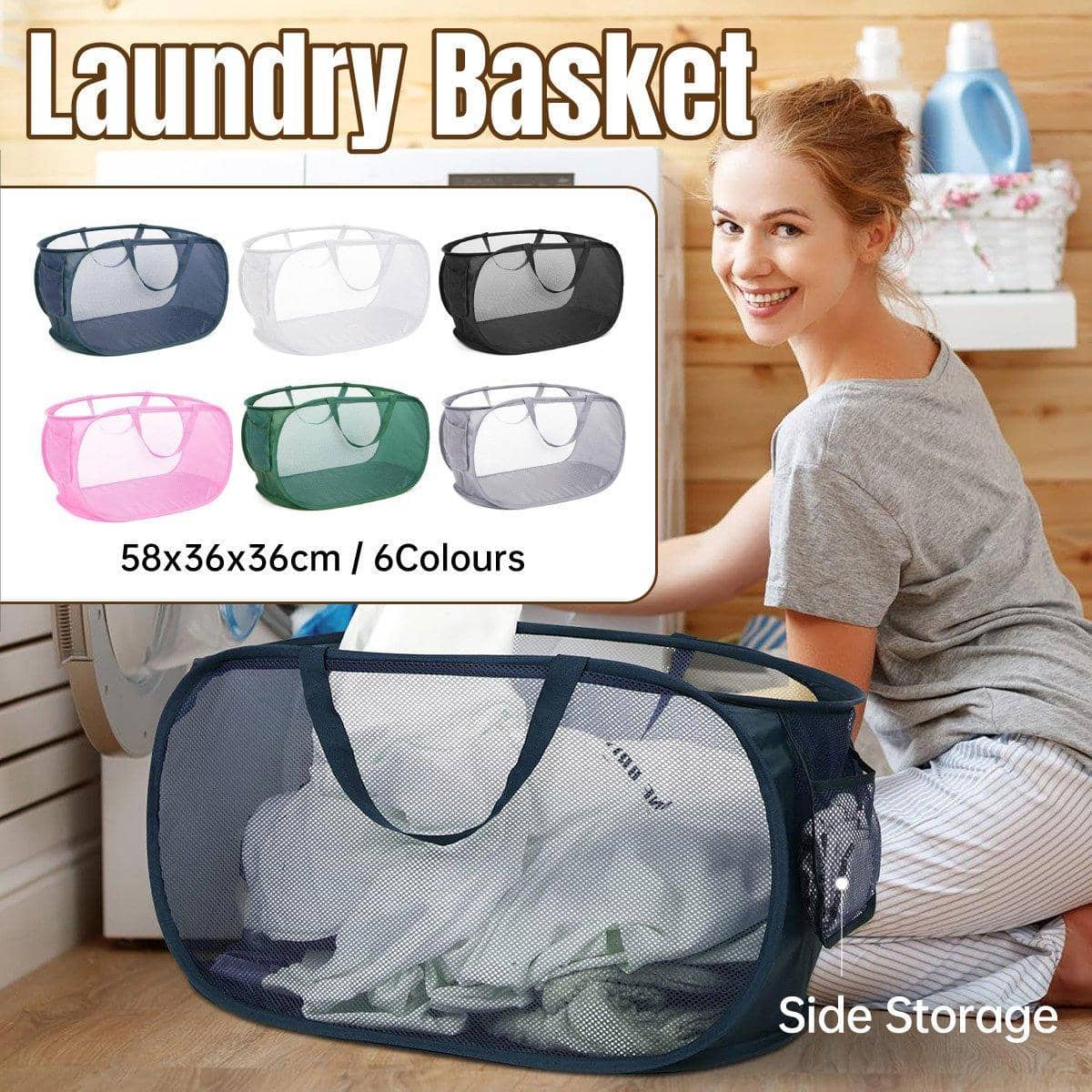 Collapsible Mesh Laundry Basket, 76 Litre - Pink - view 2