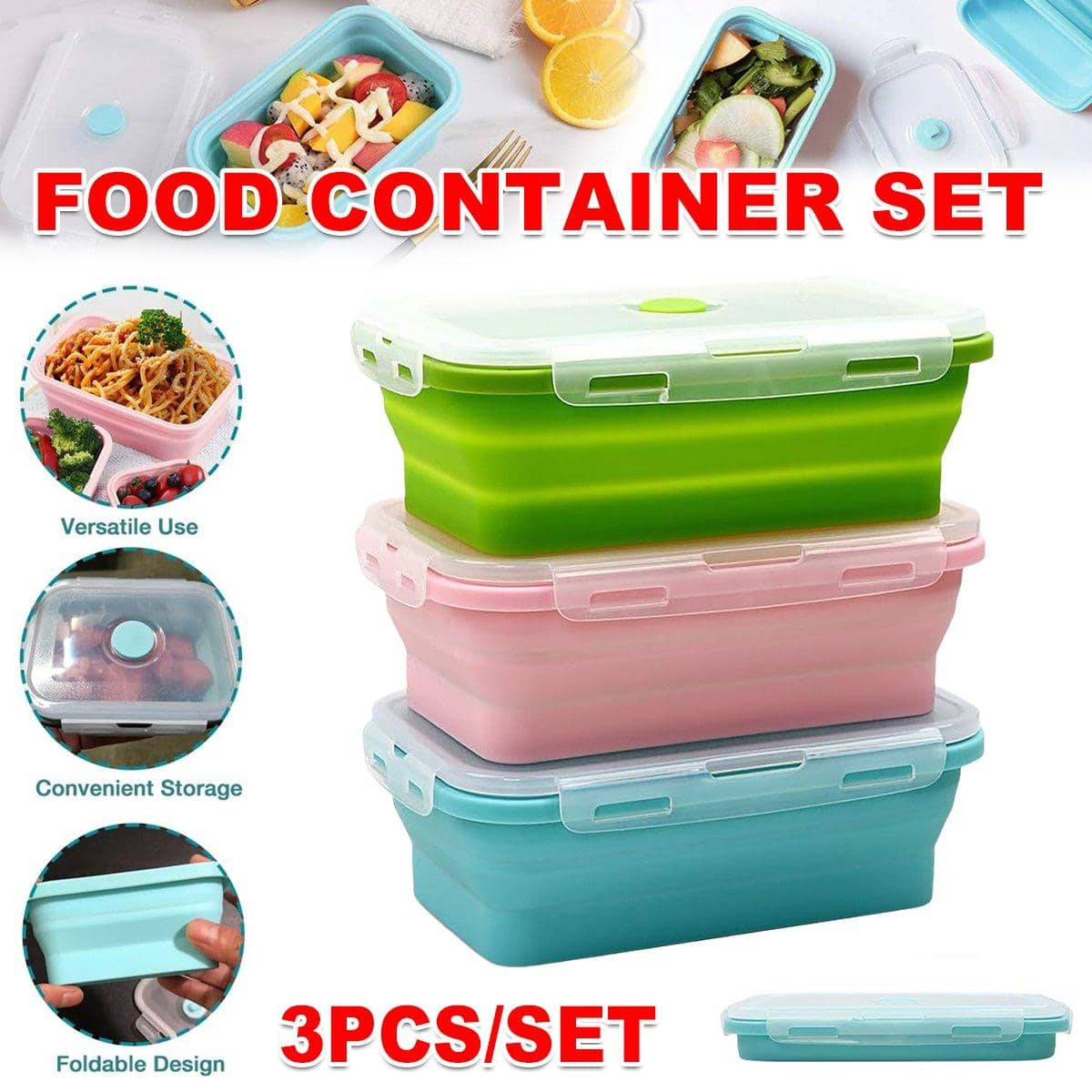 Collapsible Silicone Bento Lunch Boxes, Set of 3 Green, Pink and Blue