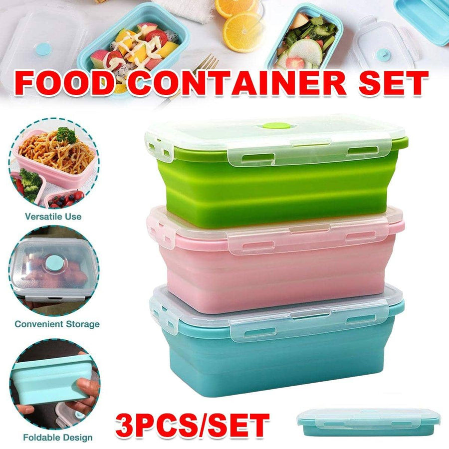 Collapsible Silicone Bento Lunch Boxes, Set of 3 Green, Pink and Blue
