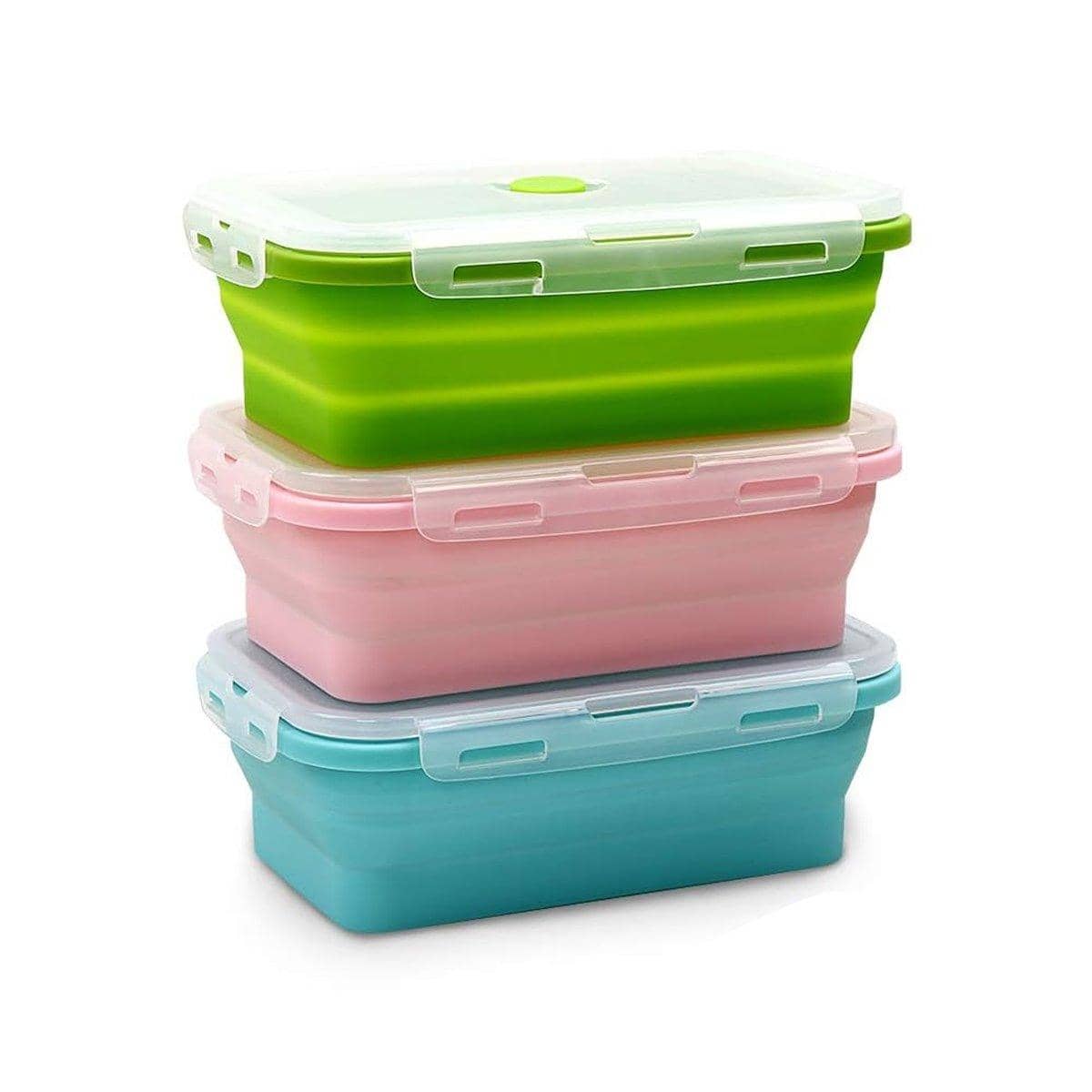 Collapsible Silicone Bento Lunch Boxes, Set of 3 Green, Pink and Blue - view 2