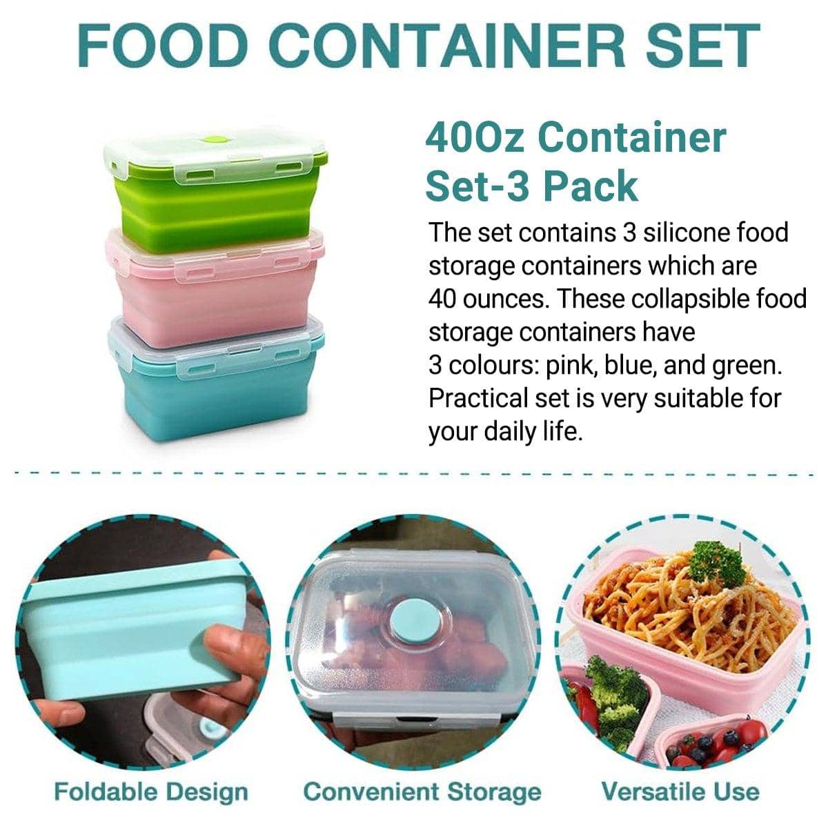 Collapsible Silicone Bento Lunch Boxes, Set of 3 Green, Pink and Blue - view 5