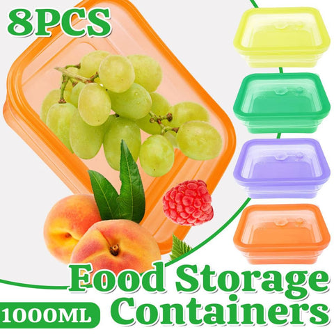 Collapsible Silicone Food Storage Containers 1000 ml, Set of 8, Four Colours