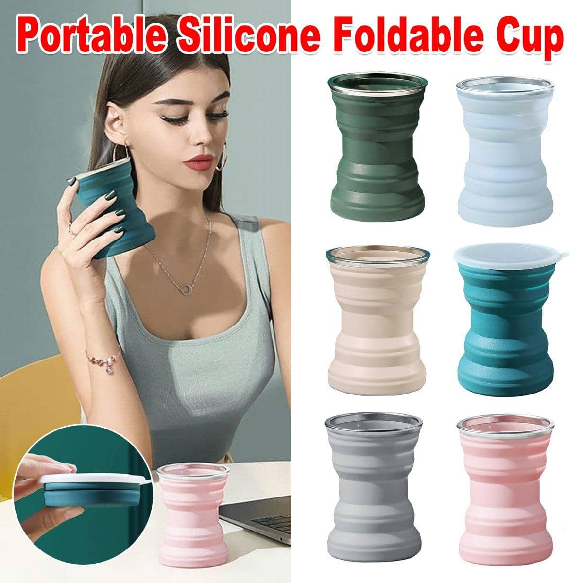 Collapsible Silicone Travel Mug with Lid - Dark Green - view 2