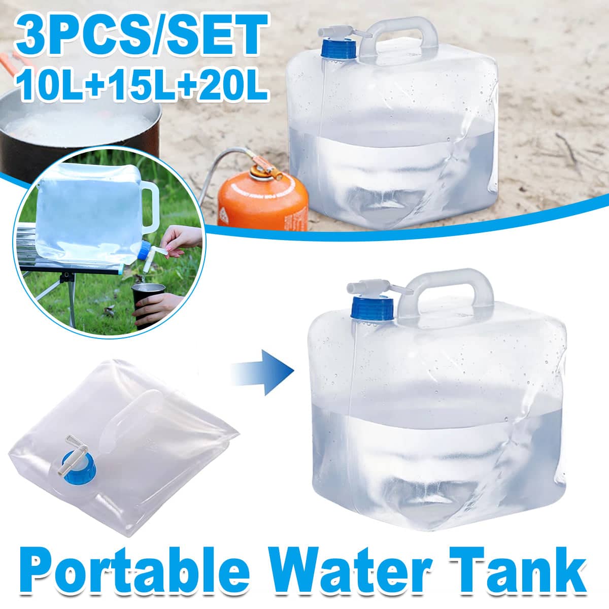 Collapsible Water Container with Spigot - Pack of 3, 10L, 15L and 20L