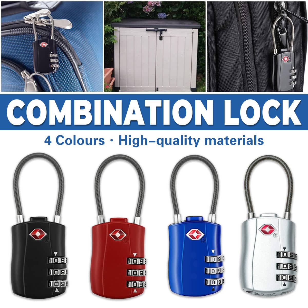 Combination Lock with Steel Cable for Luggage and Bags - Blue - view 2