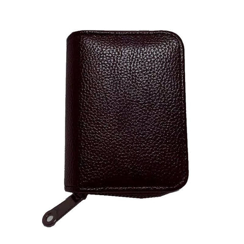 Compact Faux Leather Zip Card Wallet with ID Card Cover - Brown