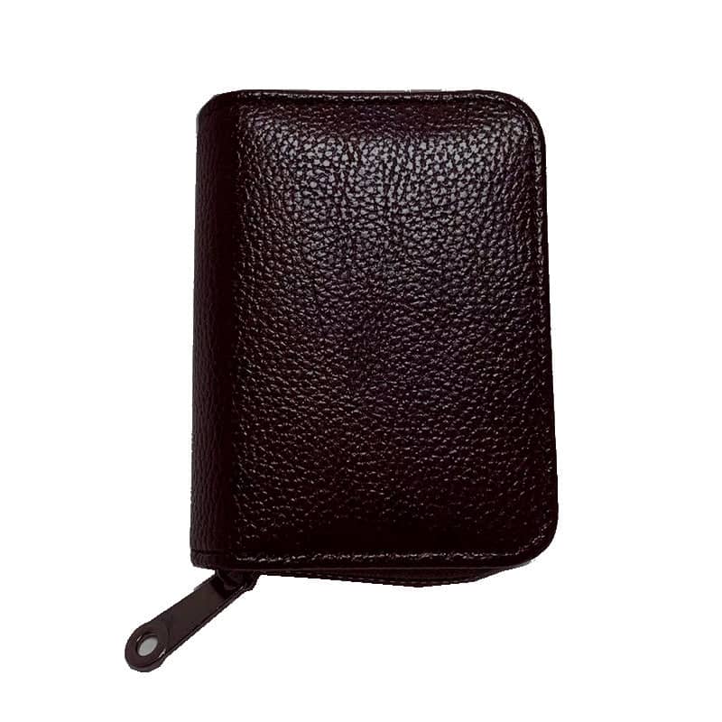 Compact Faux Leather Zip Card Wallet with ID Card Cover - Brown