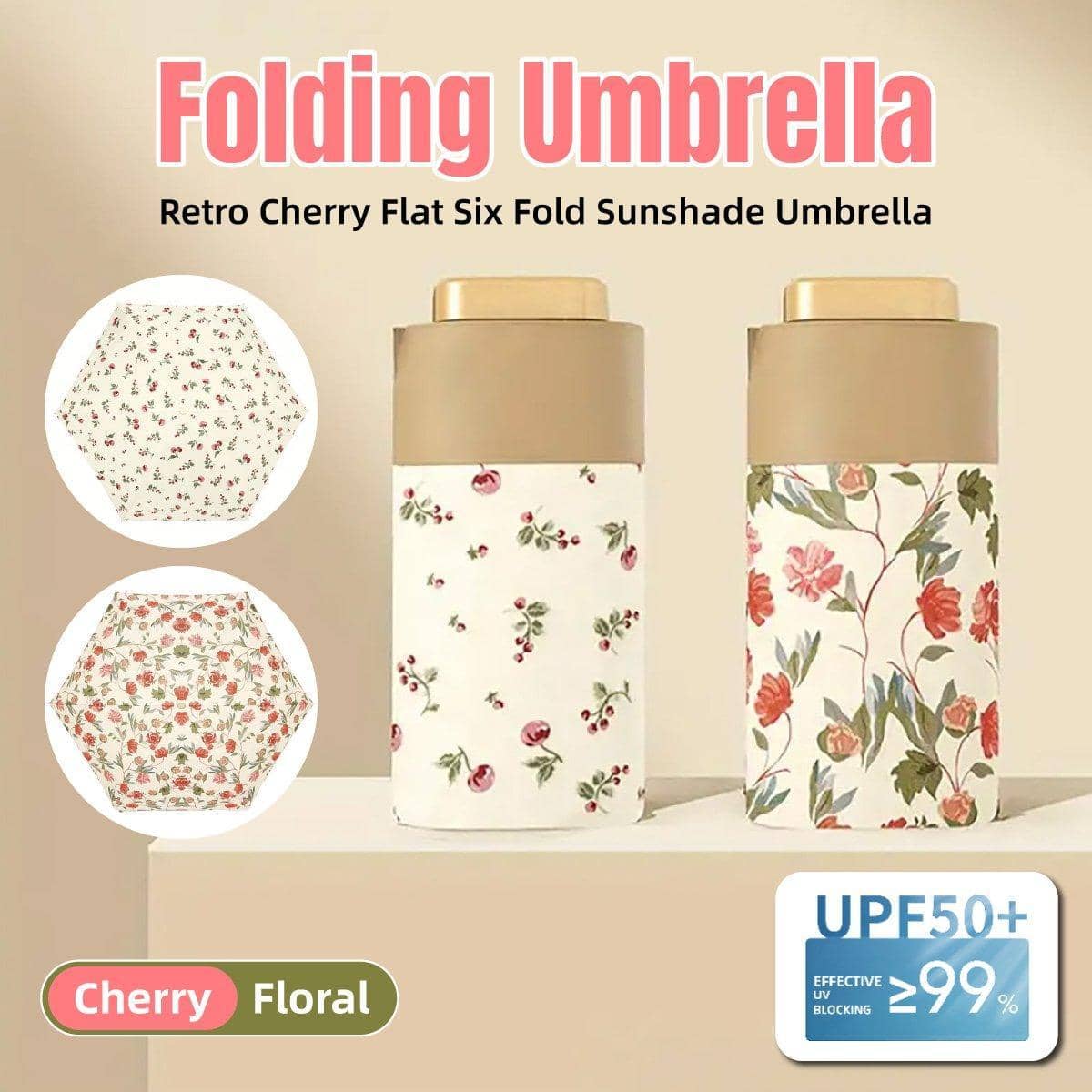 Compact Folding Sun and Rain Umbrella with UV Protection - Floral - view 2