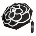 Compact Folding Umbrella with UV Protection and Camellia Print - Black