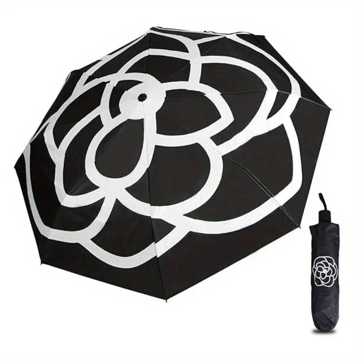 Compact Folding Umbrella with UV Protection and Camellia Print - Black