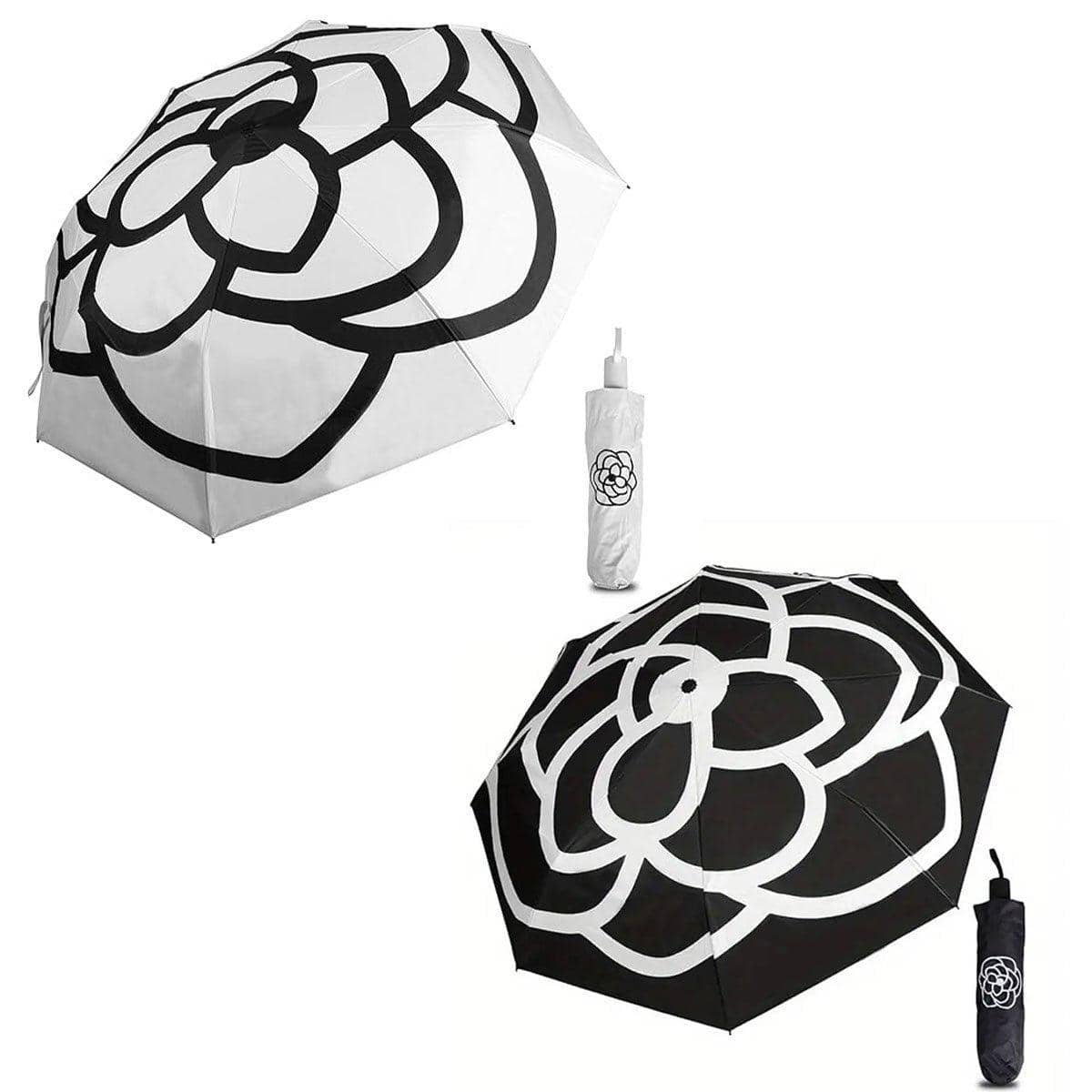 Compact Folding Umbrella with UV Protection and Camellia Print - Black - view 3