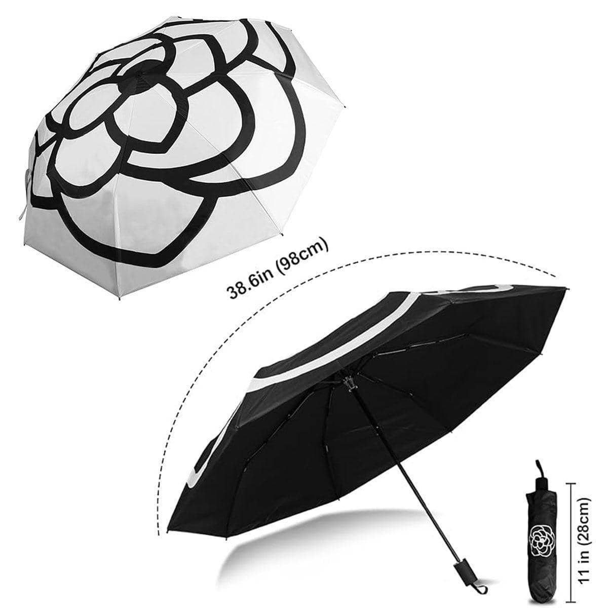 Compact Folding Umbrella with UV Protection and Camellia Print - Black - view 4