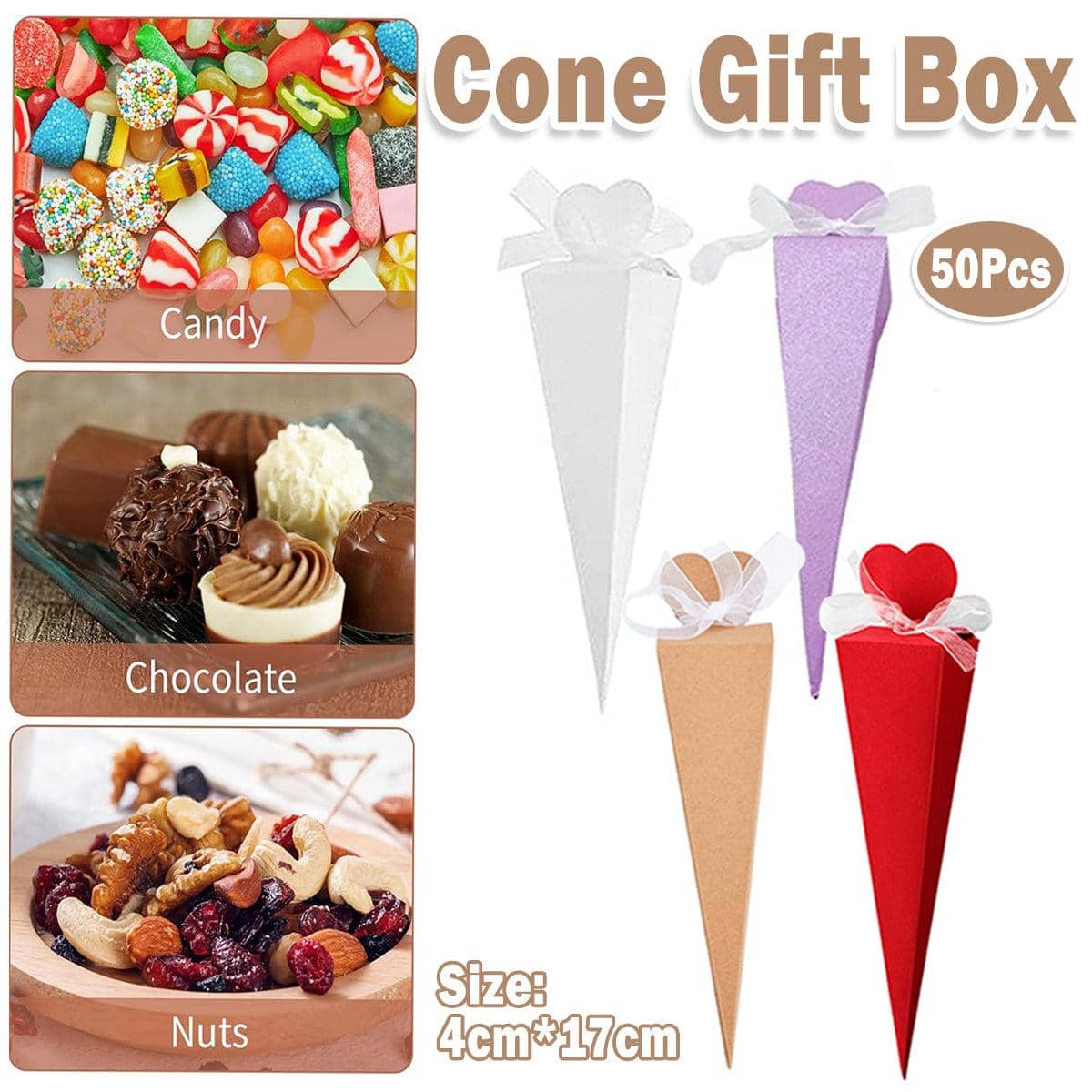 Cone Candy Gift Boxes, Pack of 50 Ice Cream Shape Party Favour Treat Boxes - Kraft Brown - view 2