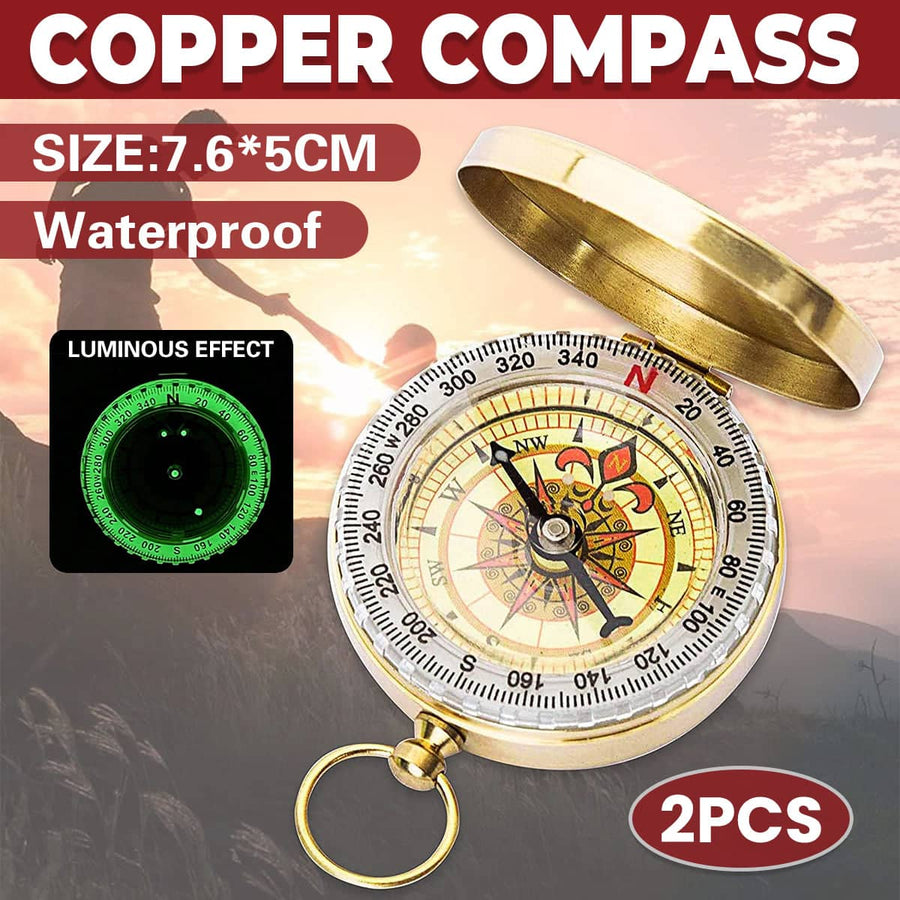 Copper Compass Set of 2 with Flip Cover, Hook and Nightlight for Camping