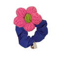 Corduroy Flower Hair Scrunchie Ponytail Holder - Pink Flower on Royal Blue