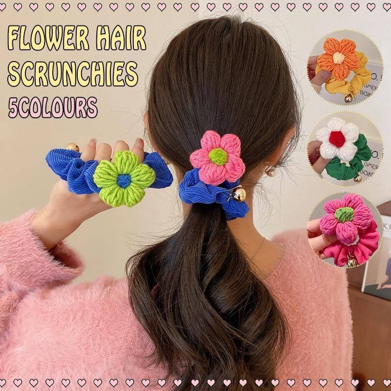 Corduroy Flower Hair Scrunchie Ponytail Holder - Pink Flower on Royal Blue - view 2