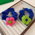 Corduroy Flower Hair Scrunchie Ponytail Holder - Pink Flower on Royal Blue - view 4