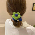 Corduroy Flower Hair Scrunchie Ponytail Holder - Pink Flower on Royal Blue - view 5