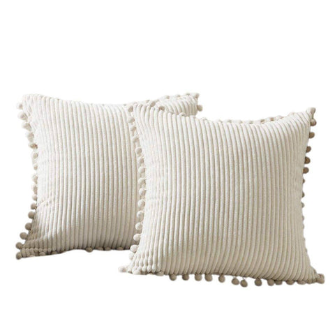 Corduroy Pillow Covers with Pom-Pom Edging, 45 x 45 cm - Cream, Pack of 2