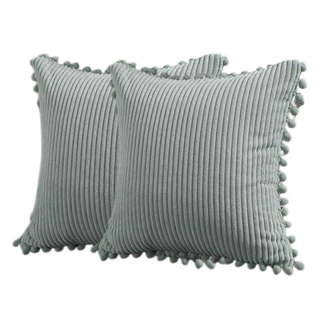 Corduroy Pillow Covers with Pom-Pom Edging, 45 x 45 cm - Sage Green, Pack of 2