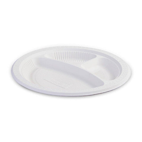 Corn Starch Degradable Divided Plates - 9 Inch (22.9cm), 3 Compartments, Pack of 100