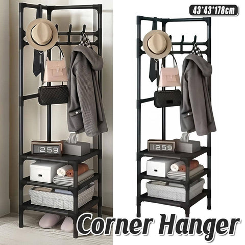 Corner Clothes Rack with Hooks and Shelves