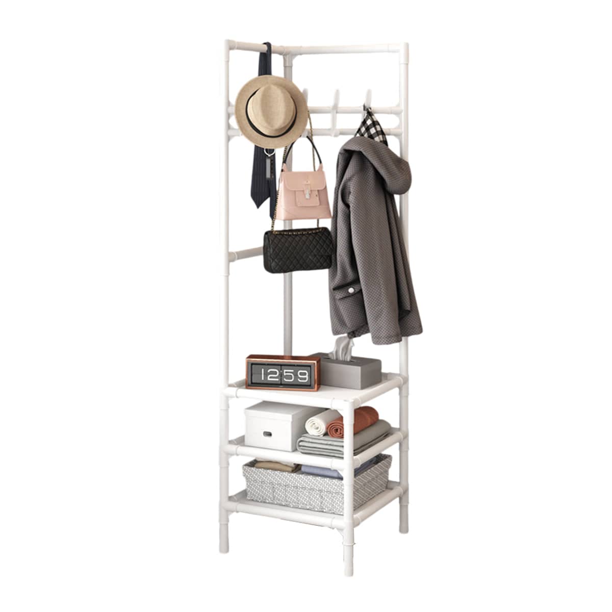 Corner Coat Rack with Storage Shelves and Hooks, 43 x 43 x 178 cm - White