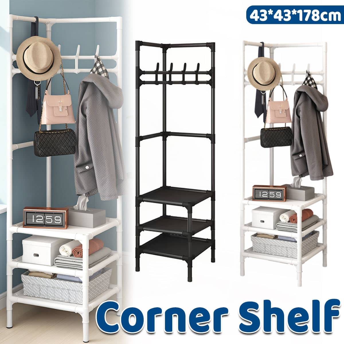 Corner Coat Rack with Storage Shelves and Hooks, 43 x 43 x 178 cm - White - view 2