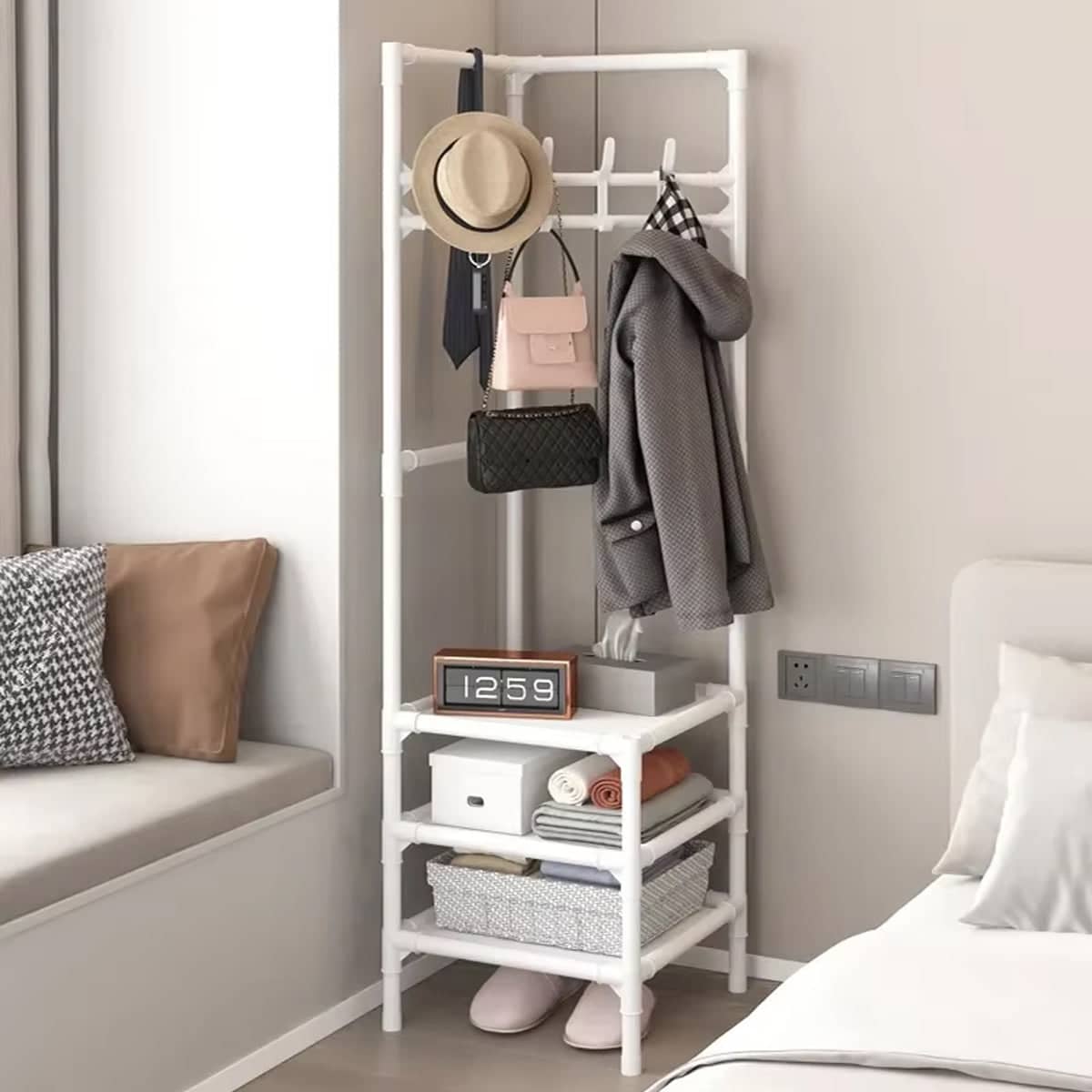 Corner Coat Rack with Storage Shelves and Hooks, 43 x 43 x 178 cm - White - view 5