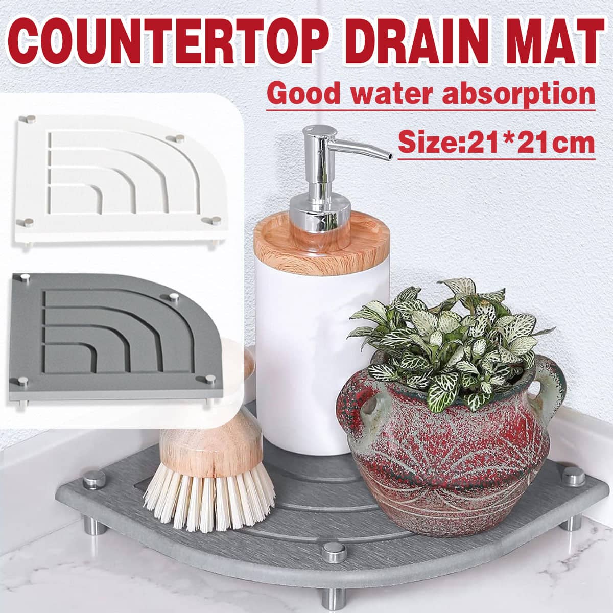 Corner Drain Mat Tray for Kitchen and Bathroom, Diatomaceous Earth Dish Drying Organiser - Grey - view 2