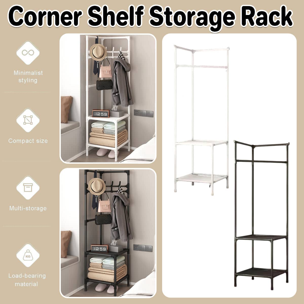 Corner Storage Rack for Hats, Bags and Coats - Black - view 2