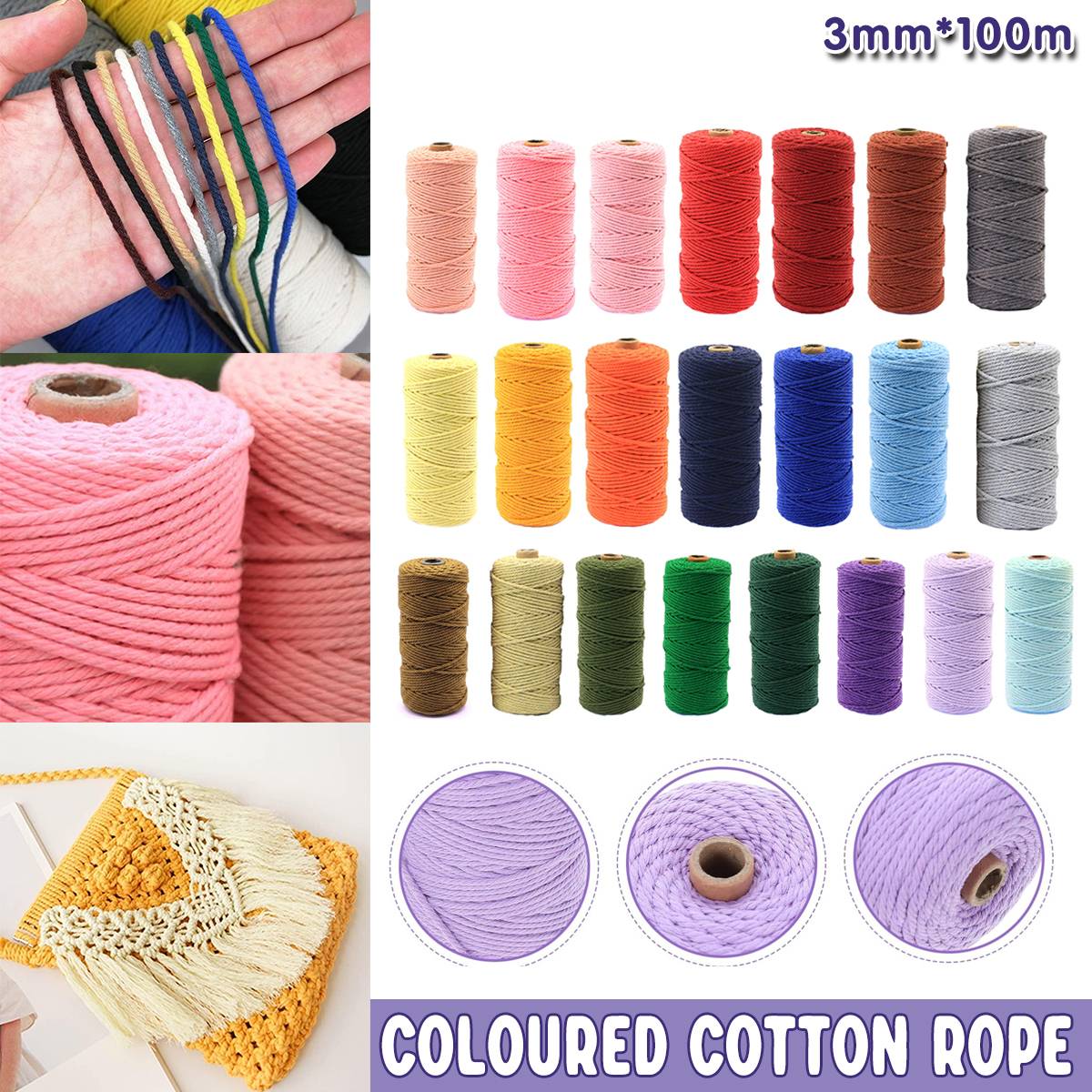 Cotton Macrame Cord 3mm, 100m Roll - Dark Pink - view 2