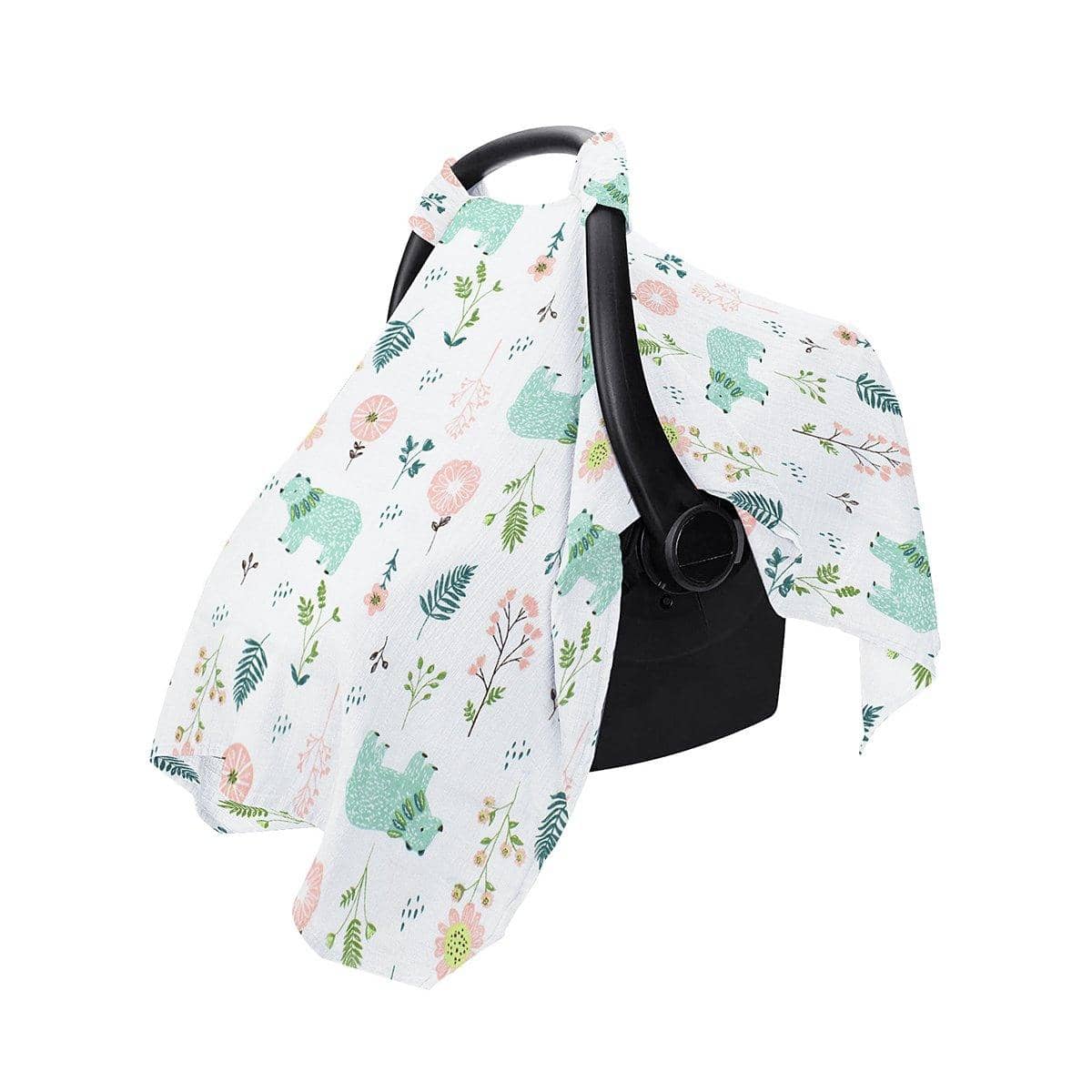 Cotton Muslin Stroller and Carrier Cover - Mint Bears and Flowers Print