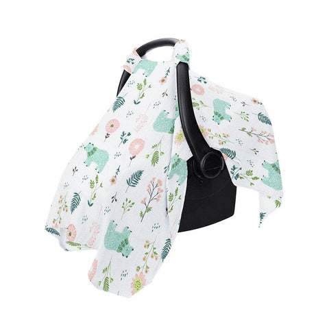 Cotton Muslin Stroller and Carrier Cover - Mint Bears and Flowers Print