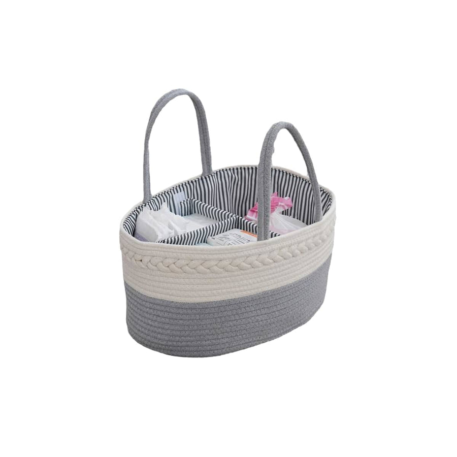 Cotton Rope Diaper Caddy Storage Basket with Handles - Grey and White