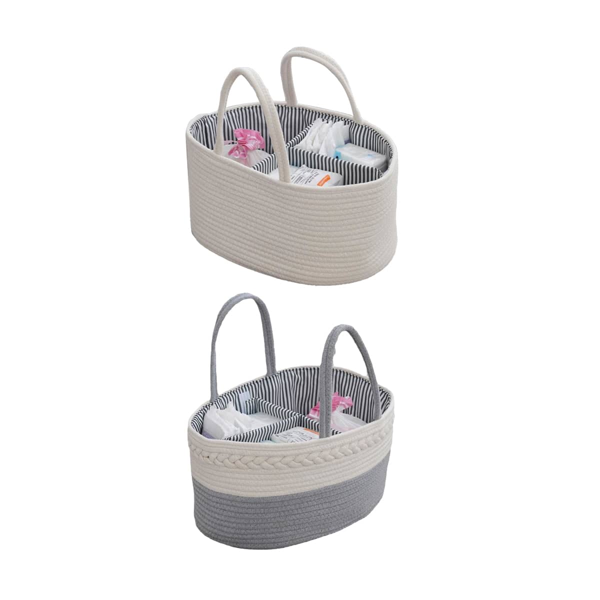 Cotton Rope Diaper Caddy Storage Basket with Handles - Grey and White - view 3