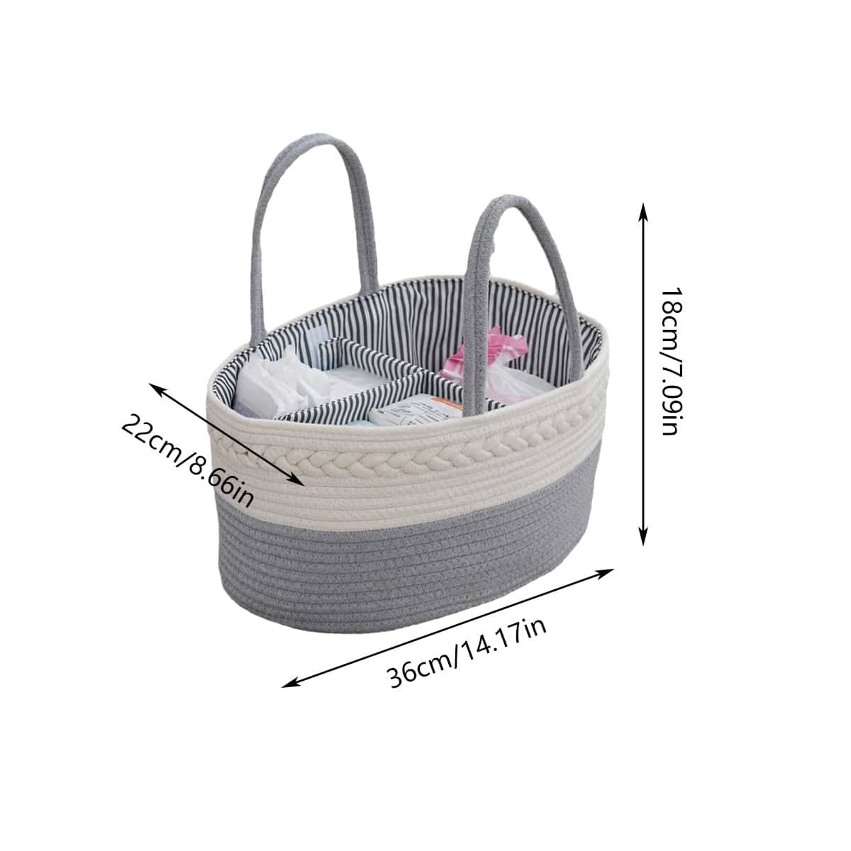 Cotton Rope Diaper Caddy Storage Basket with Handles - Grey and White - view 4