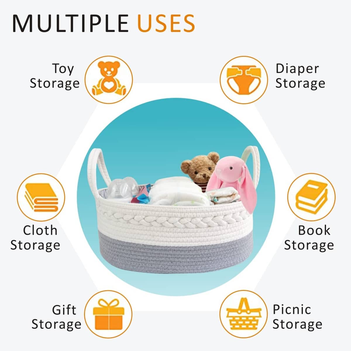 Cotton Rope Diaper Caddy Storage Basket with Handles - Grey and White - view 5